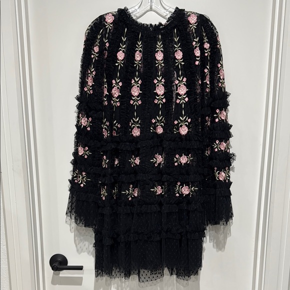 Mac Duggal Black Embroidered Long Flare Sleeve Mesh A-Line Dress - 6 - Picture 3 of 5